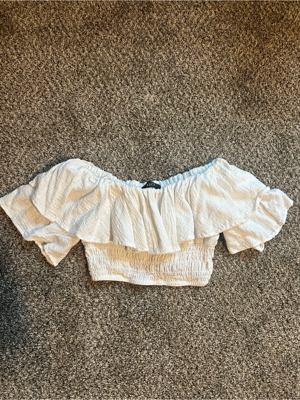 VICI Cream Off-Shoulder Ruffle Crop Top